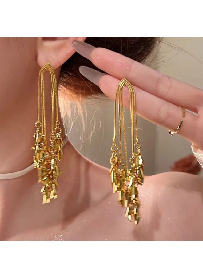 Gold Plated Women's Long Leaf Tassel Earrings Elegant Dainty Versatile for Daily & Special Occasions - Image 1